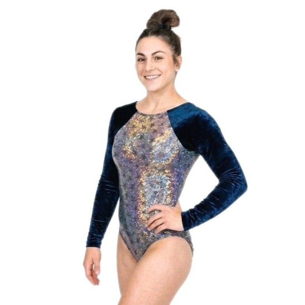 GK Elite VTG Shimmering Star Holographic LS Leotard Midnight Blue AM Adult M